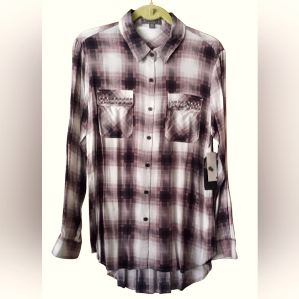 Highline Collection Western Plaid Shirt Grommet Accent Black Pink Medium NWT